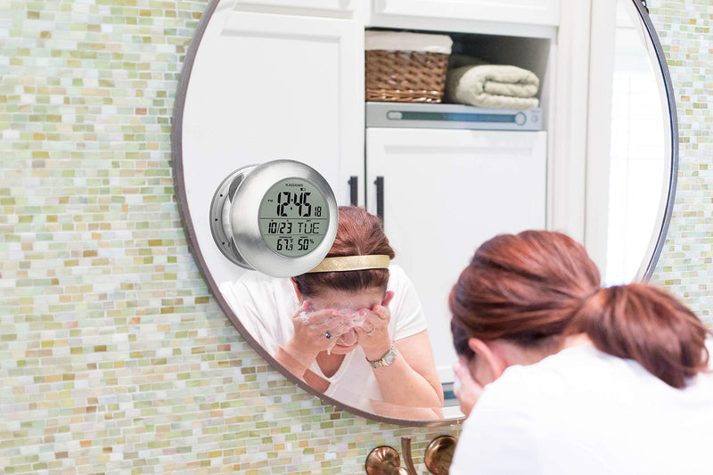 [Australia] - Kadams Bathroom Shower Digital Wall Clock - Kitchen Clock - Water Resistant Timer - Seconds Counter - Temperature & Humidity Display - Wall Calendar - Multiple Mounting Options (Silver) 