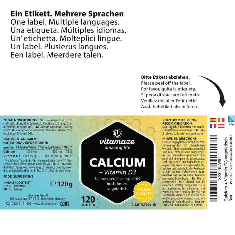 [Australia] - Calcium and Vitamin D3 Tablets 600 mg - Calcium Carbonate High Strength + 400 IU Cholecalciferol per Daily Dose -120 Vegetarian Tablets for 2 Months - Supplement for Bone Density 