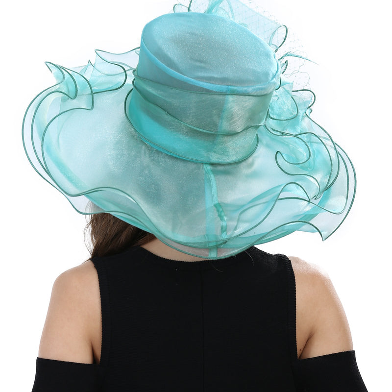 [Australia] - Janey&Rubbins Women's Feathers Floral Fascinating Kentucky Church Wedding Party Floppy Hat Turquoise 