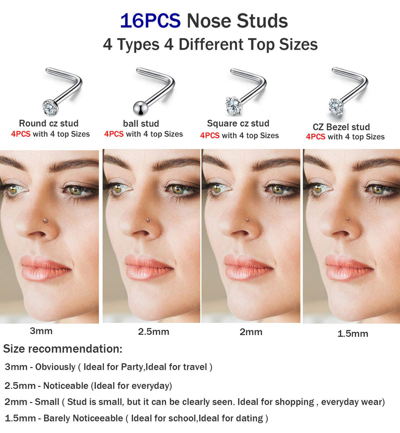[Australia] - 20G 16Pcs Stainless Steel Stud Nose Ring CZ L Shape Nose Body Piercing for Womens Mens 6.5 Millimeters 20G, L 