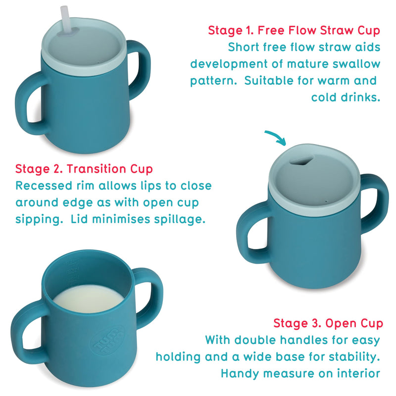 [Australia] - TUM TUM 3 Way Silicone Baby Training Cup, Designed with Feeding & Speech Therapist, Free Flow Baby Straw Cup, Sippy Cup Toddler Cup, Silicone Free Flow Baby Cup, 6 Months Plus, 180ml, Blue 
