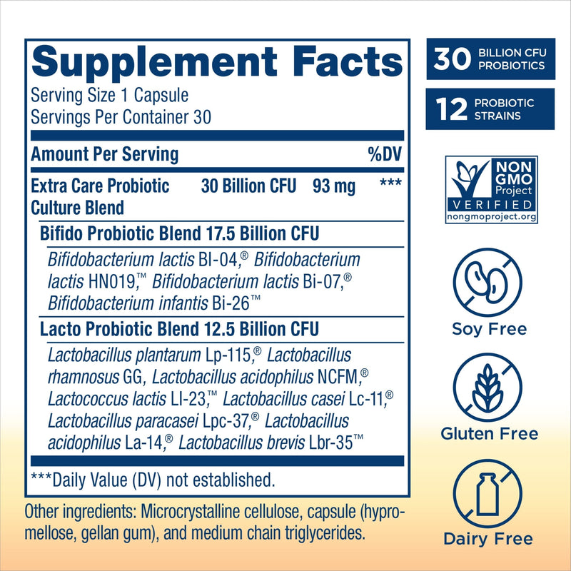 [Australia] - Renew Life Probiotics 30 Billion CFU Guaranteed, 12 Strains, For Men & Women, Shelf Stable, Gluten Dairy & Soy Free, 30 Capsules, Ultimate Flora Extra Care - 60 Day Money Back Guarantee 30 Count (Pack of 1) 