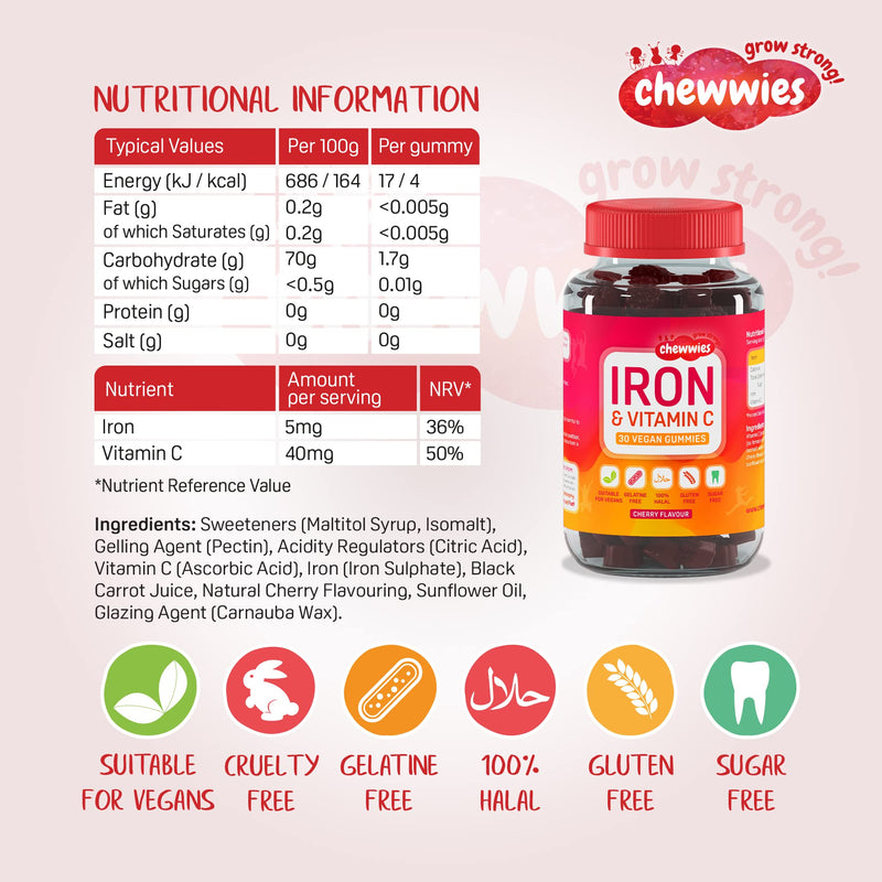 [Australia] - Iron & Vitamin C - Vegan Chewable Gummies - Sugar Free Ferrous Sulfate Iron | Helps Strengthen Your Immune System | 1-Month Supply by Chewwies Vitamins 