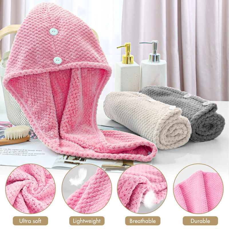 [Australia] - CHOOBY 3+1 Pack Hair Towel Wrap Fast Drying Hair Turban, Anti-Frizz Microfiber Wet Hair Wrap Towel for Women, Ultra Absorbent Hair Dry Towels Cap for Bath Makeup Washing face(Pink/Beige/Gray) Pink/Beige/Gray 