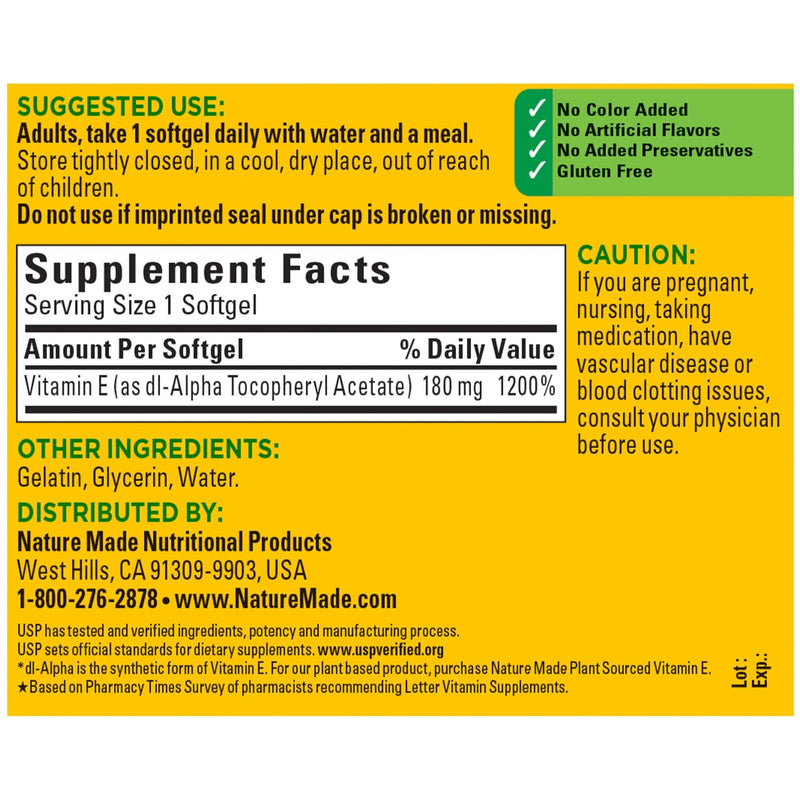 [Australia] - Nature Made Vitamin E 180 mg (400 IU) dl-Alpha, Dietary Supplement for Antioxidant Support, 180 Softgels, 180 Day Supply 180 Count (Pack of 1) 
