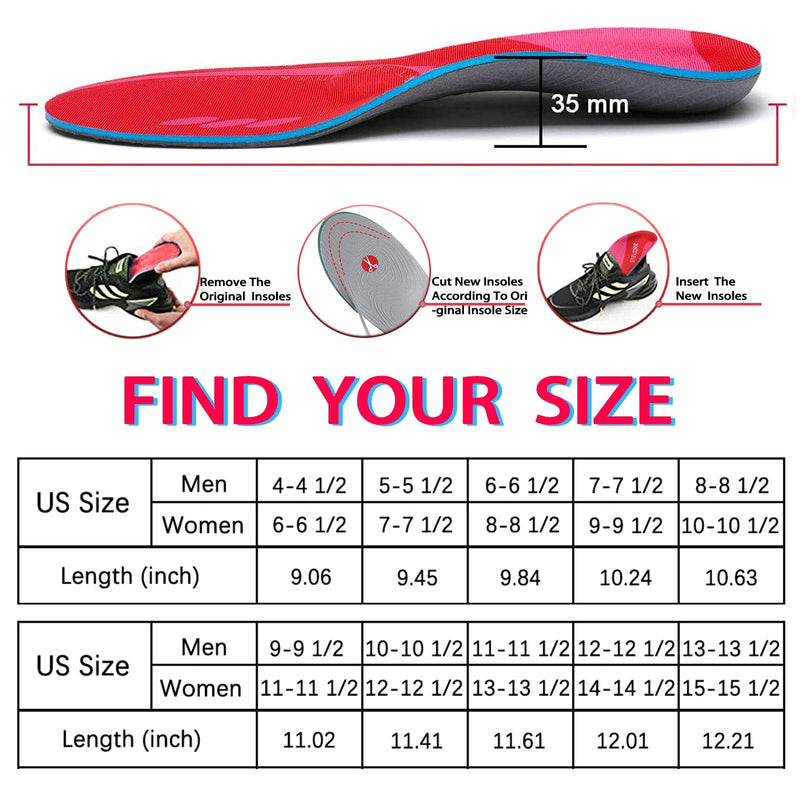 [Australia] - Plantar Fasciitis Arch Support Inserts Flat Foot Insoles Sports Running Hiking Shock Absorbing Men's and Women's Insoles MEN (4-4 1/2) | WOMEN (6-6 1/2) --230MM-9.05" Fiery Red 