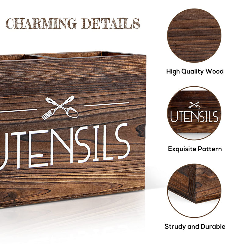 [Australia] - PUERSI Wooden Kitchen Utensil Holder, Utensil Organizer for Countertop, Rustic Wood for Farmhouse Kitchen Decor, Farmhouse Utensil Caddy with 2 Compartments (Brown) 
