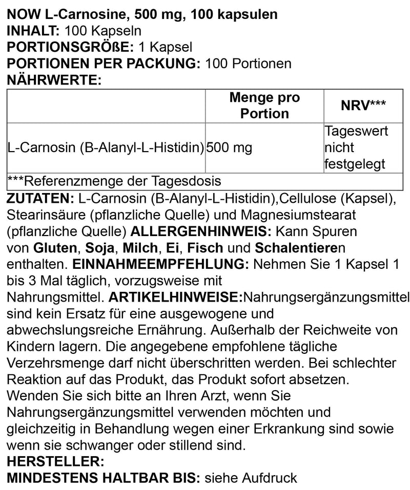 [Australia] - NOW Supplements, L-Carnosine (Beta-Alanyl-L-Histidine) 500 mg, Healthy Aging, 100 Veg Capsules 100 Count (Pack of 1) 