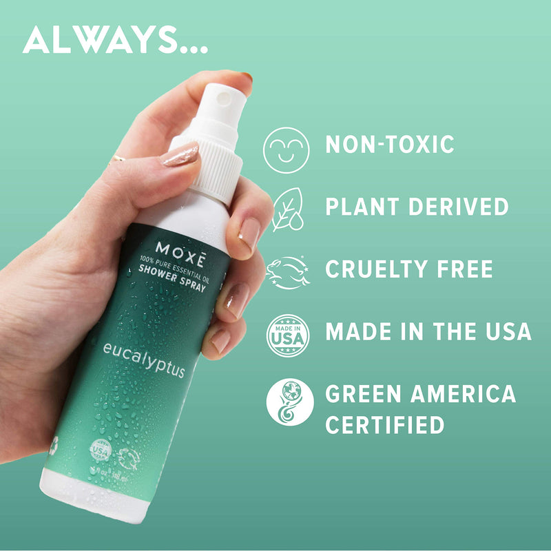 [Australia] - MOXĒ Eucalyptus In-Shower Aromatherapy Mist, 4 Ounces, Essential Oils Sinus Steam Spray, Congestion Relief, Daily Relaxation, Stress Relief, Natural, Plant Based, Made In USA 4 Ounce 