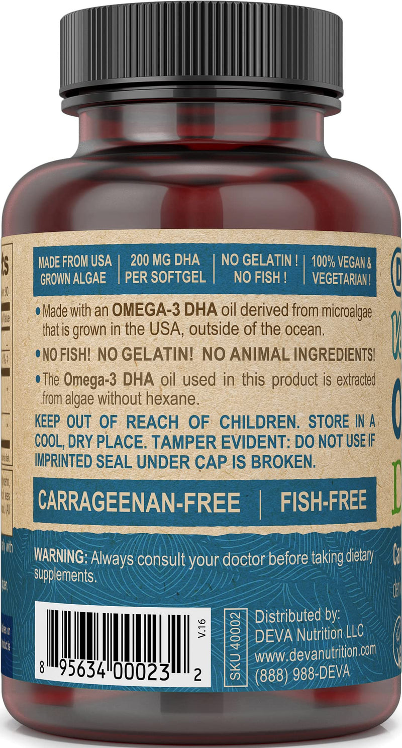 [Australia] - DEVA Vegan Vitamins Vegan DHA (Algae) 200mg Vegan Softgels, 90-Count Bottle 