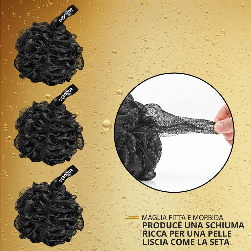 [Australia] - Ezneat Loofah Shower Puff 3Pcs - Ultra Soft Mesh Bath Sponges for Adults Exfoliating, Scrubbing and Cleaning - Body Scrubbers for Use in Shower - Black 3 Count (Pack of 1) 