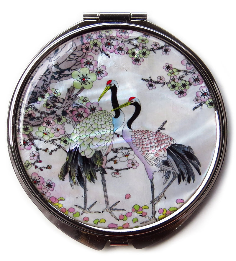 [Australia] - MADDesign Mother of Pearl Compact Mirror Round Double Sided Folding Magnify Crane Apricot Tree Design 