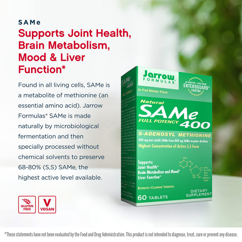 [Australia] - Jarrow Formulas Same 400 mg - 60 Tablets - Highest Concentration of Active S,S Form - Supports Joint Health, Liver Function, Brain Metabolism, Mood & Antioxidant Defense - 60 Servings 60 Count (Pack of 1) 