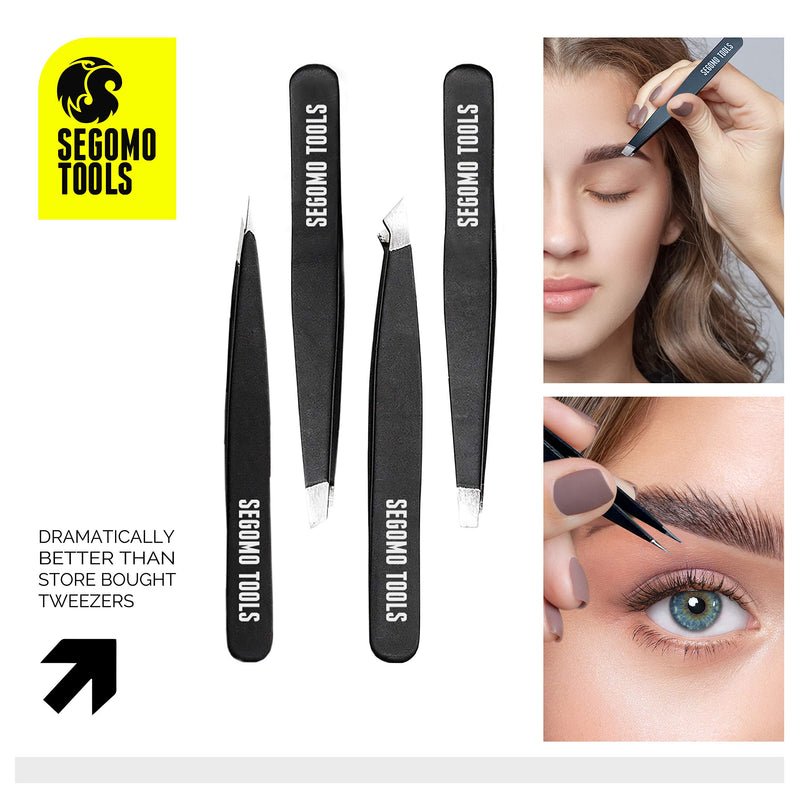 [Australia] - Segomo Tools 4 Piece Stainless Steel Flat, Angled, Pointed & Slant Tip Eyebrow Tweezer Set - TW004 