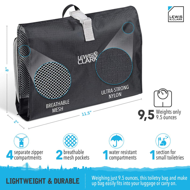 [Australia] - Lewis N. Clark Hanging Toiletry Bag for Travel Accessories, Shampoo, Cosmetics + Personal Items with Waterproof Compartment and Folding Design 