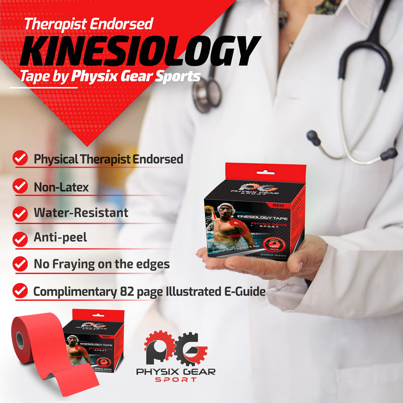 [Australia] - Physix Gear Kinesiology Tape Pro - Waterproof Physio Sports Tape for Pain & Injuries, Pregnancy, Muscle, Knee, Joint Support, Swelling, Strain Relief, Enhanced Blood Circulation (with E-Guide) Red (1 Pack + eGuide) 