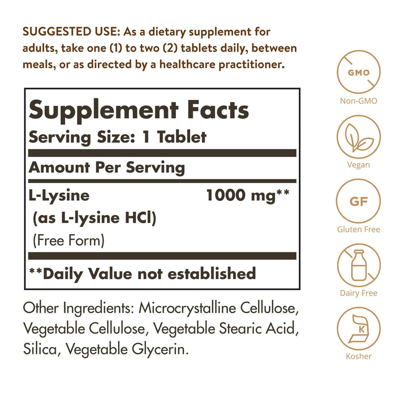 [Australia] - Solgar L-Lysine 1000 mg, 100 Tablets - Enhanced Absorption and Assimilation - Promotes Integrity of Skin and Lips - Collagen Support - Amino Acids - Non GMO, Vegan, Gluten Free - 100 Servings 100 Count (Pack of 1) 