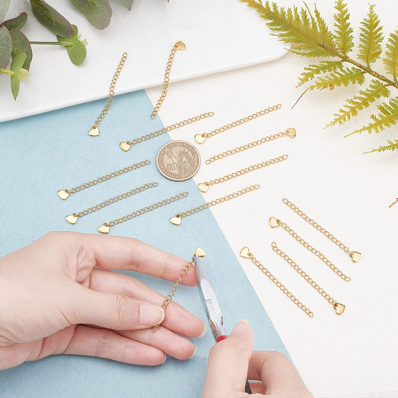 [Australia] - UNICRAFTALE about 30pcs 60mm Golden Hypoallergenic Chain Extension, with heart Charms, Stainless Steel Chain Extender for Jewelry Making Supplies Golden- Heart - 30pcs 