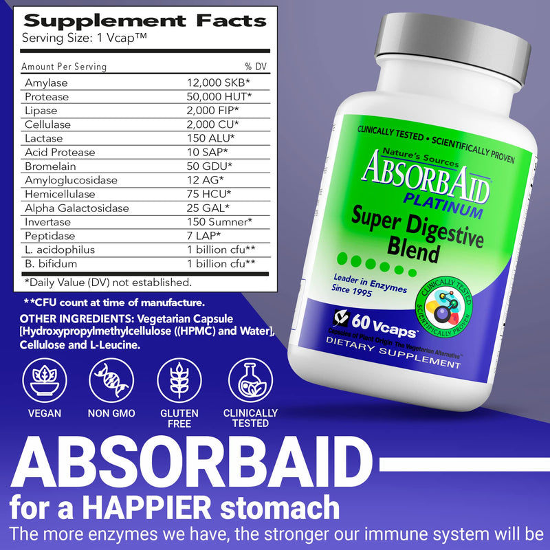 [Australia] - AbsorbAid Platinum Digestive Enzyme Support 60 vCaps, 12 Digestive Enzymes Plus 2 Probiotics for Maximum Relief! 