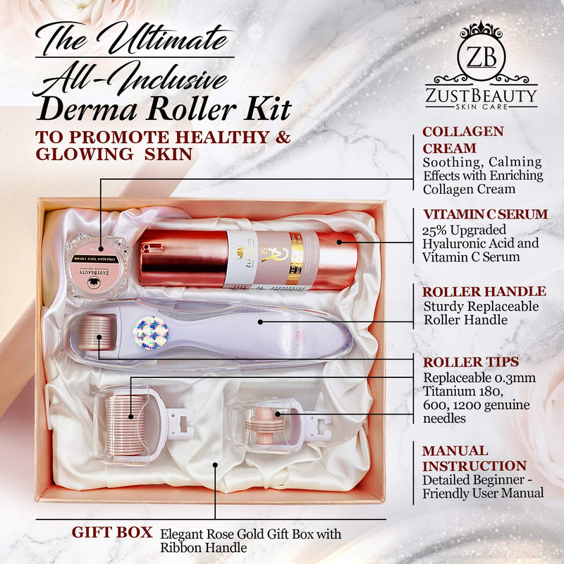 [Australia] - ZUSTBEAUTY | ALL IN 1| Derma Roller Kit With Vitamin C 25% Serum & Collagen Cream | For Face, Body, Beard, Hair, Stomach, Lip |0.3MM Titanium Microneedle Heads 180 for Eyes 600 for Face 1200 for Body 