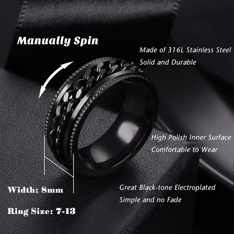 [Australia] - Subiceto 4Pcs Black Spinner Fidget Rings for Men Women Stainless Steel 8MM Wide Cool Ring with Chain Inlaid Band Ring Set for Anxiety Stress Relieving Wedding Promise Size 7-13 