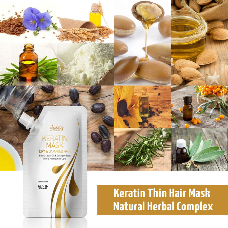 [Australia] - Vitamins Hair Mask Conditioner Keratin Treatment - Biotin Castor and Coconut Oil Deep Conditioning for Thin Fine Hair - Anti Frizz Moisturiser for Curly Straight Dry Damaged and Frizzy Hair 100 ml (Pack of 1) 