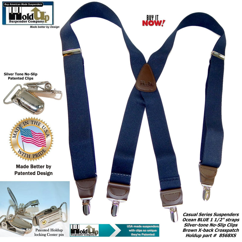 [Australia] - Holdup Suspender Company's Dark Ocean Blue Suspenders in X-back Style and Patented No-slip Silver-tone Clips 