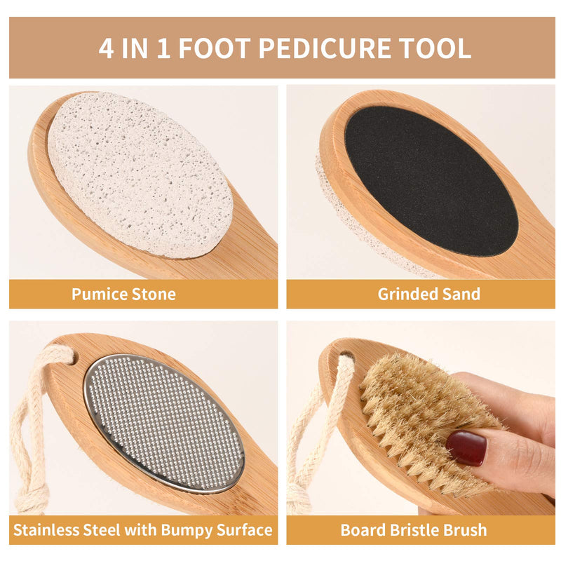 [Australia] - KALESUKI Foot File Callus Remover, Multi-purpose 4 in 1 Feet Pedicure Scrubber Exfoliator Tools with Foot Care Bristle Brush, Pumice Stone, Mental Foot Rasp, Sand Paper and Bamboo Handle 