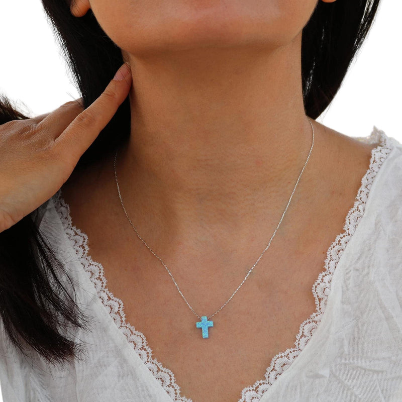 [Australia] - Women's Mini Blue Created Opal Cross Dainty Minimalist Pendant Necklace with 925 Sterling Silver Chain 16+2 inches Light Blue 