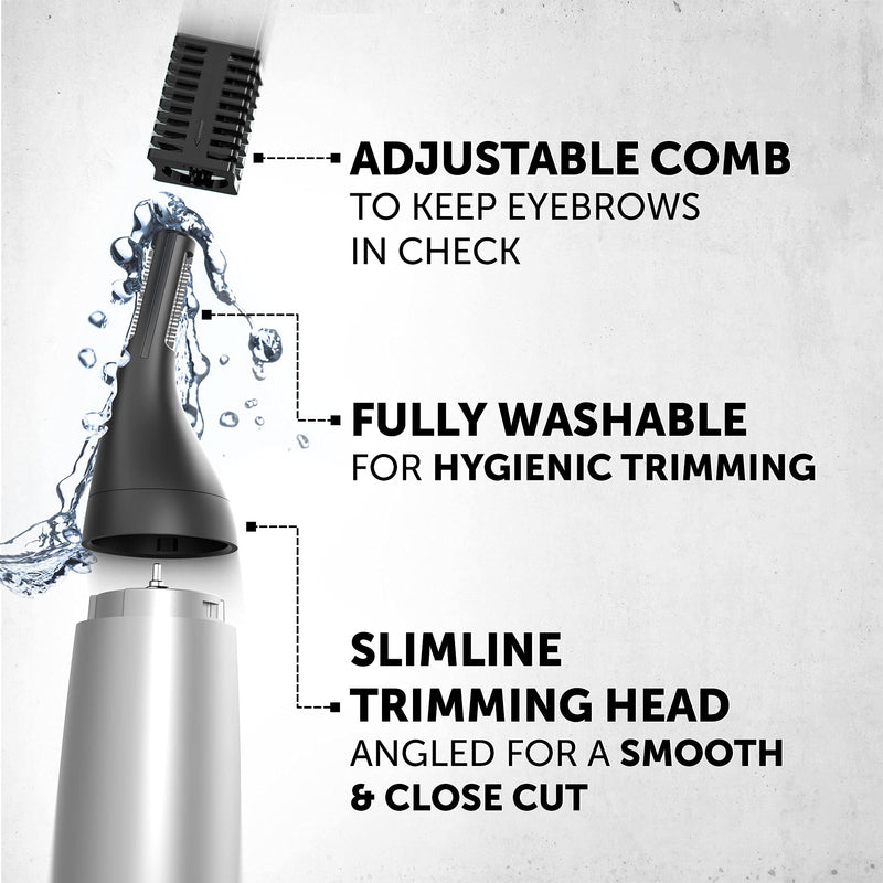 [Australia] - Wahl Precision, Ear, Nose and Eyebrow Trimmer, Precision Dual Blade, Vertical Trimming Head, Fully Washable Trimmers, 4 Trimming Lengths, Battery Operated 