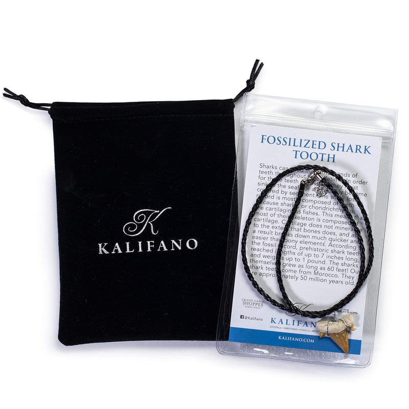 [Australia] - KALIFANO Fossilized Shark Tooth Necklace - Authentic Prehistoric Megaladon Teeth Fossil Pendant on 20" Inch Braided Leather Cord - Great Gift for Men and Boys (Information Card Included) 