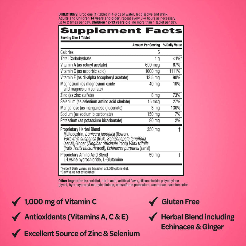 [Australia] - Airborne 1000mg Vitamin C with Zinc Effervescent Tablets, Immune Support Supplement with Powerful Antioxidants Vitamins A C & E - (30 count box), Very Berry Flavor, Fizzy Drink Tablets, Gluten-Free 