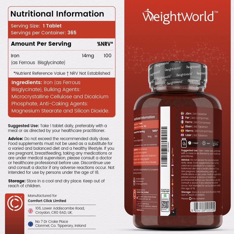 [Australia] - Gentle Iron Tablets High Strength 14mg - 365 Iron Bisglycinate Tablets (1 Year Supply) - Vegan Iron Supplements for Men & Women's Health - Easily Digestible, Gluten Free & Non-GMO - Made in The UK 