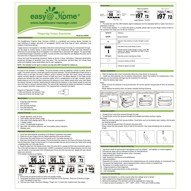 [Australia] - Easy@Home Fingertip Pulse Oximeter SpO2 Blood Oxygen Saturation Meter and Heart Rate Monitor, Rotatable OLED Display with Batteries Included, Portable Lanyard and Carrying Package-EHP035 