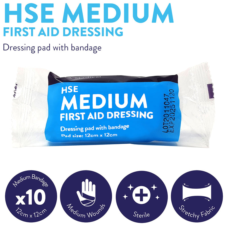 [Australia] - JFA Medical HSE Medium Sterile First Aid Wound Dressing Bandage with Pad 12 x 12cm - Pack of 10 Bandages 10 Count (Pack of 1) 