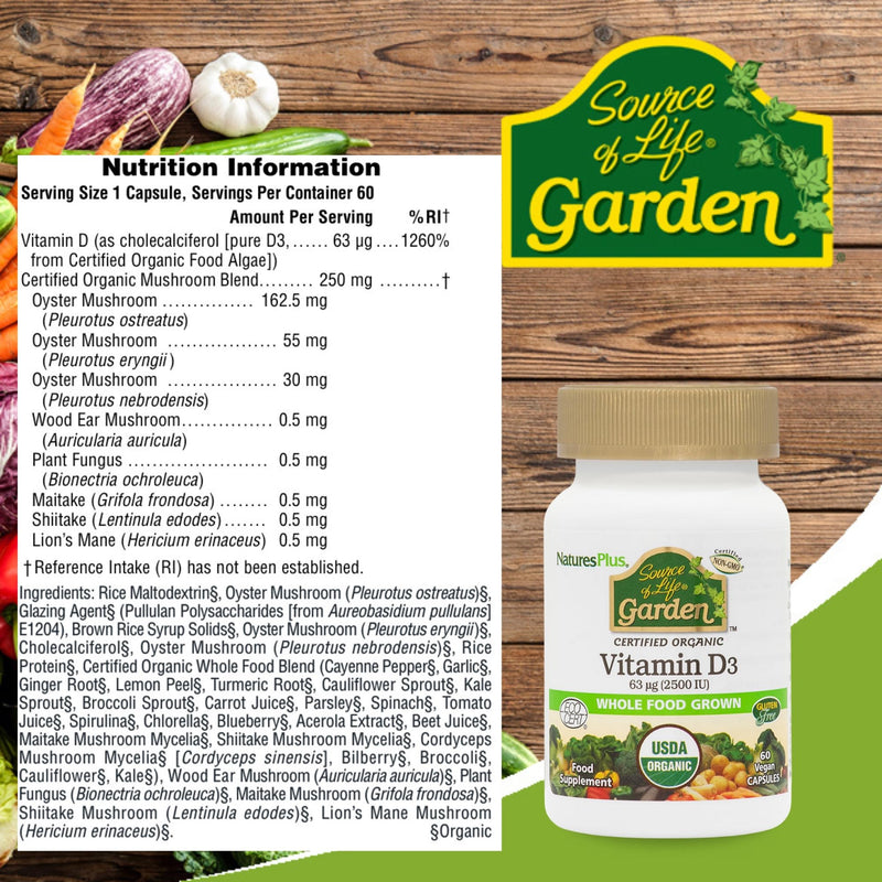 [Australia] - NaturesPlus Source of Life Garden Vitamin D3 2500IU Capsules - Organic and Vegan Vitamin D3 Supplement for Bone and Immune Support - Gluten Free - 60 Servings 