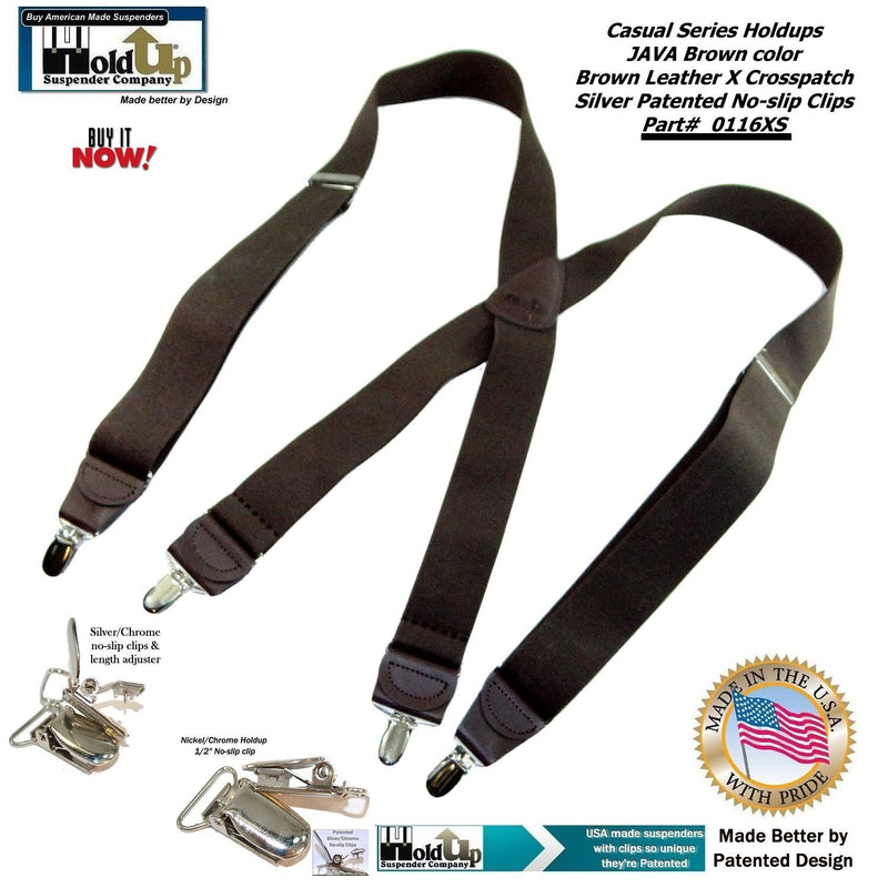 [Australia] - Hold-Up Dark Java Brown X-back Suspenders with Patented No-slip Silver Clips 