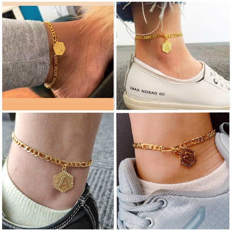 [Australia] - RINHOO 18K Gold Plated Initial Anklet Bracelet Pendant Necklace Stainless Steel Hexagon Letter Anklet Bracelet Alphabet Foot Jewelry for Women Girls a 