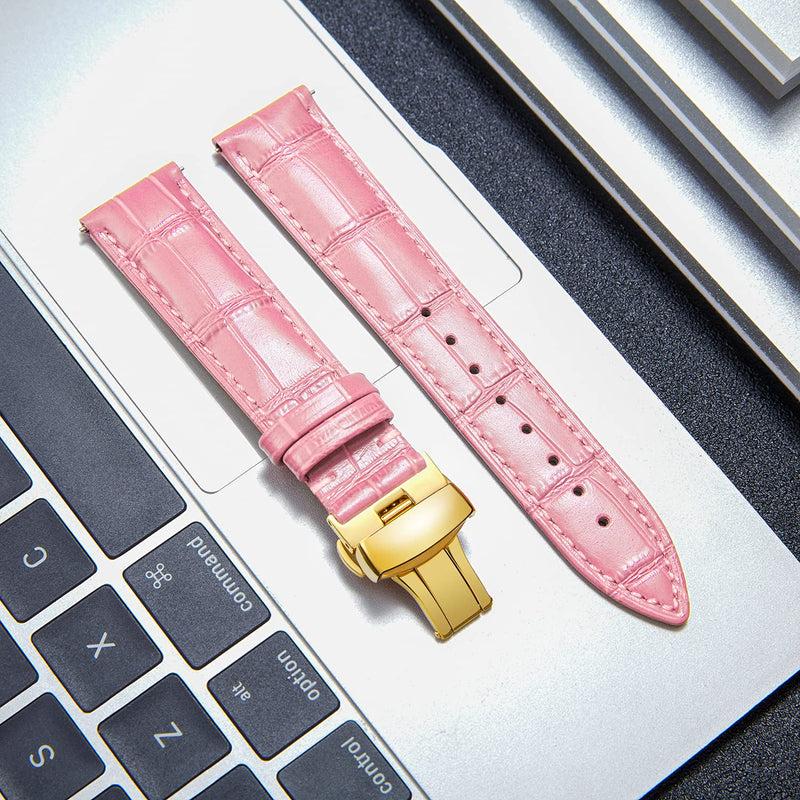[Australia] - Genuine Calfskin Leather Watch Bands Replacement Alligator Strap for Men Women with Silver/Gold/Rose Gold Butterfly Deployment Buckle 12mm 13mm 14mm 16mm 17mm 18mm 19mm 20mm 21mm 22mm 23mm 24mm 14 MM Pink - Gold Buckle 