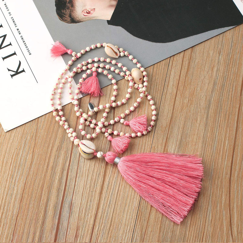 [Australia] - KELITCH Beaded Necklace Bib Chain Multicolor Tassel Long Strand Beach Friendship Necklace Pink 80E 