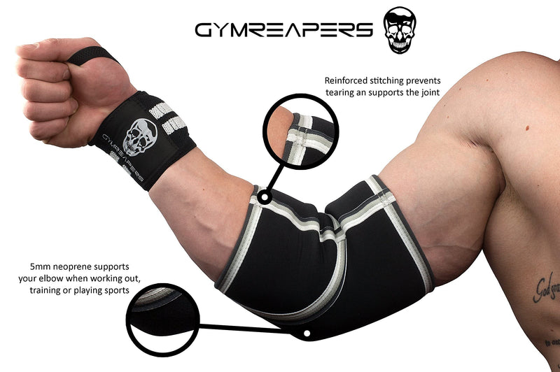 [Australia] - Elbow Sleeves (1 Pair) W/ Wrist Wraps - Elbow Brace For Support & Compression for Powerlifting, Weightlifting, Bench & Tendonitis - 5mm Neoprene - For Men & Women Black/White X-Large 