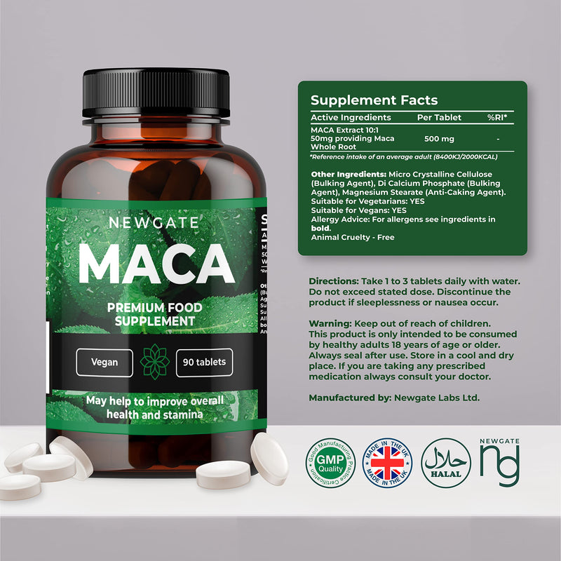 [Australia] - Newgate Labs Maca 90 High Strength Vegan Tablets 50mg Providing Organic Maca Root 500mg - for Skin Health - Premium Nutritional Supplement - Made in The UK � Halal, GMO Free 