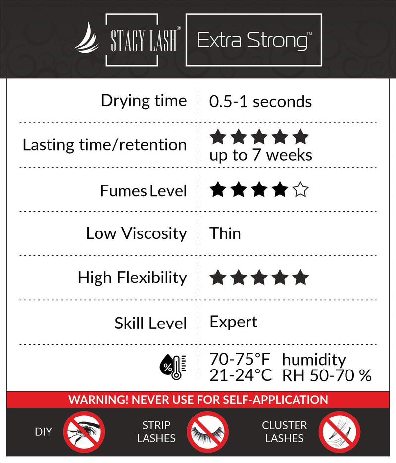 [Australia] - Extra Strong Eyelash Extension Glue - Stacy Lash 0.34 fl.oz / 10 ml / 0.5-1 Sec Drying time/Retention – 7 Weeks/Maximum Bonding Power/Professional Use Only Black Adhesive for Semi-Permanent Extensions 