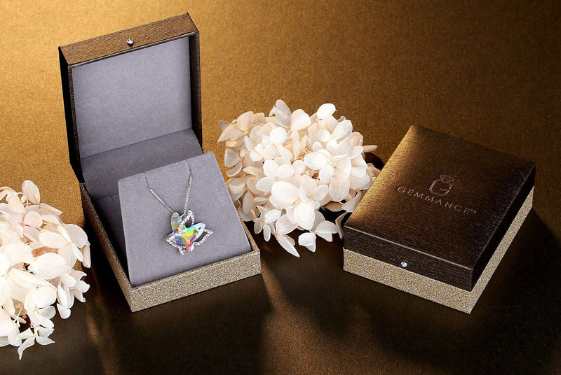 [Australia] - GEMMANCE Butterfly Crystal Necklace with Premium Birthstone, Silver-Tone, 18”+2” Chain April Birthstone - Rainbow Opal White Crystal 