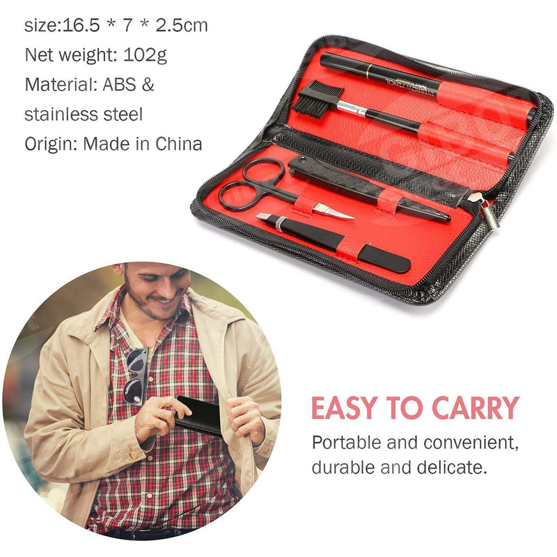[Australia] - Gibot Eyebrow Set, 5pcs Stainless Steel Eyebrow Grooming Kit with Tweezers, Scissors, Eyebrow Brush Comb, Eyebrow Pencil, Razor and Travel Case for Women and Men, Black 