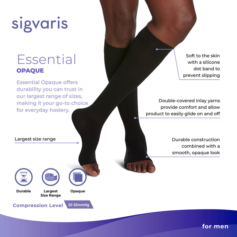 [Australia] - SIGVARIS Men’s & Women’s Essential Opaque 860 Open Toe Calf-High Socks 20-30mmHg Black XL - Extra Large Long 