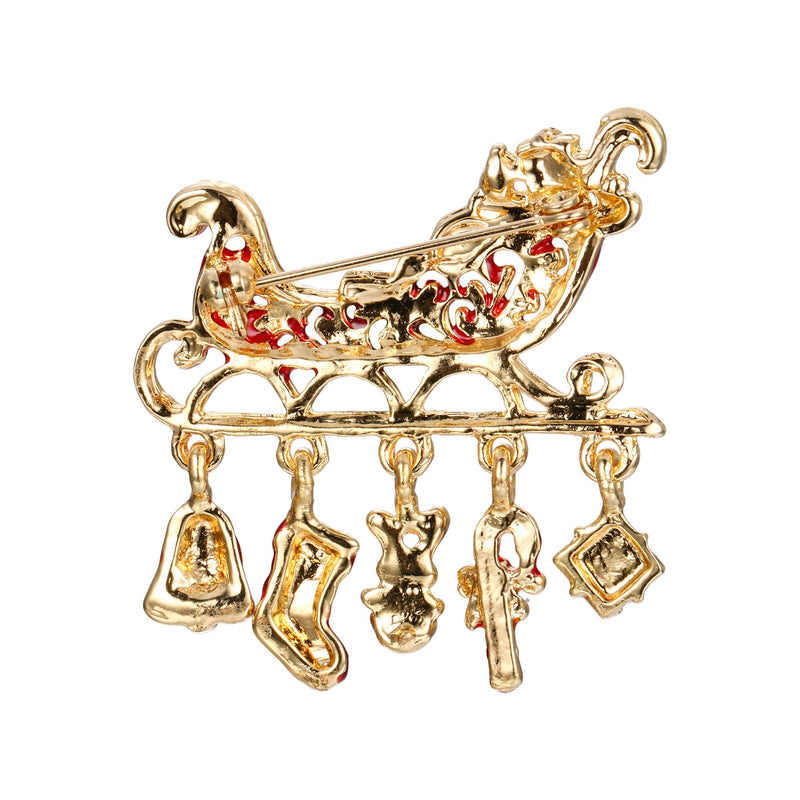 [Australia] - EVER FAITH Austrian Crystal Enamel Sleigh Car Candy Cane Stocking Gift Box Brooch Red Gold-Tone 