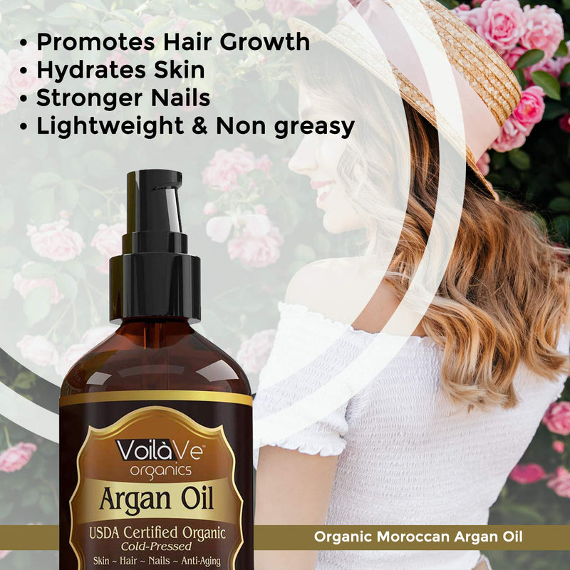 [Australia] - VoilaVe USDA and ECOCERT Pure Organic Moroccan Argan Oil for Skin, Nails & Hair Growth, Anti-Aging Face Moisturizer, Cold Pressed, Hair Moisturizer, Rich in Vitamin E & Carotenes, 4 fl oz 