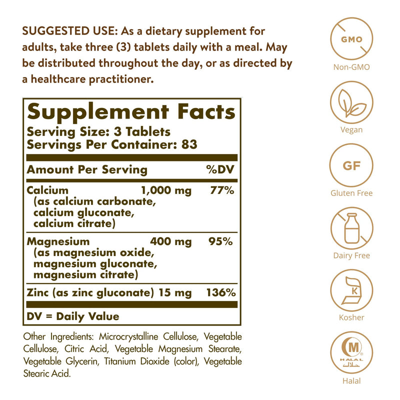 [Australia] - Solgar Calcium Magnesium Plus Zinc, 250 Tablets - Promotes Healthy Bones and Teeth - Supports Nerve & Muscle Function - Non GMO, Vegan, Gluten Free, Dairy Free, Kosher, Halal - 83 Servings 250 Count (Pack of 1) 