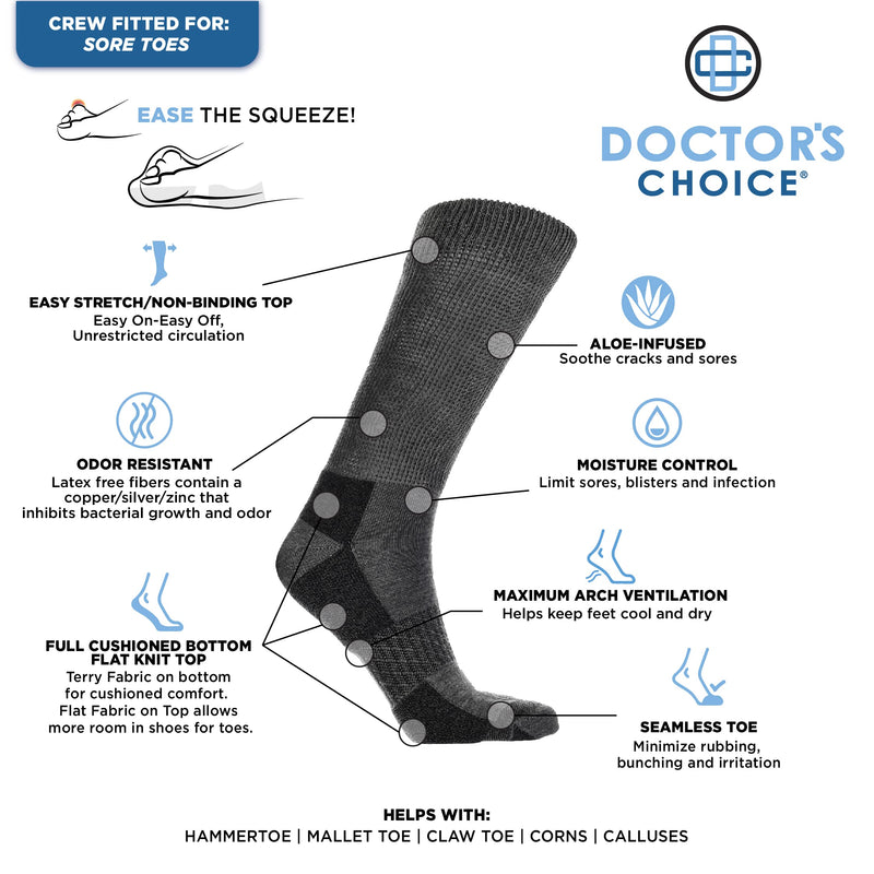 [Australia] - Doctor's Choice Diabetic Crew Socks, Women's, Non-Binding, Half-Cushioned, & Seamless Toe, 2 Pairs, Grey, Medium (Womens Shoe Size: 6-10) Grey - Crew Sock 